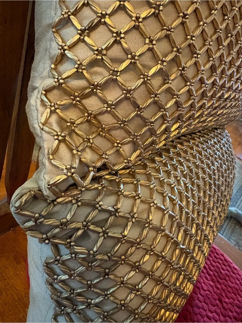 Pair Pier 1 Imports Gold Beaded Lattice Lumbar Accent Throw Pillows 16x12 EUC